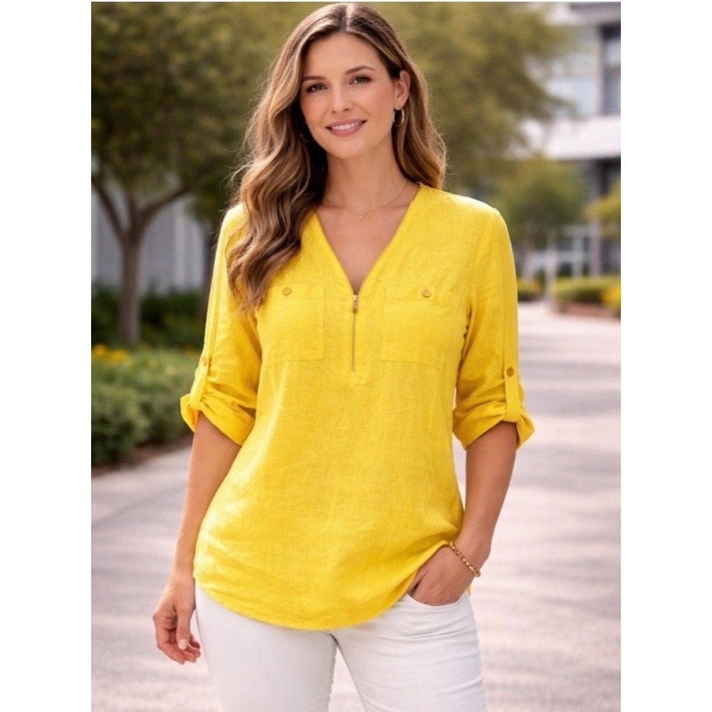 Ellen Tracy Lemon Yellow 100% Linen 3/4 Sleeve Top Size Medium